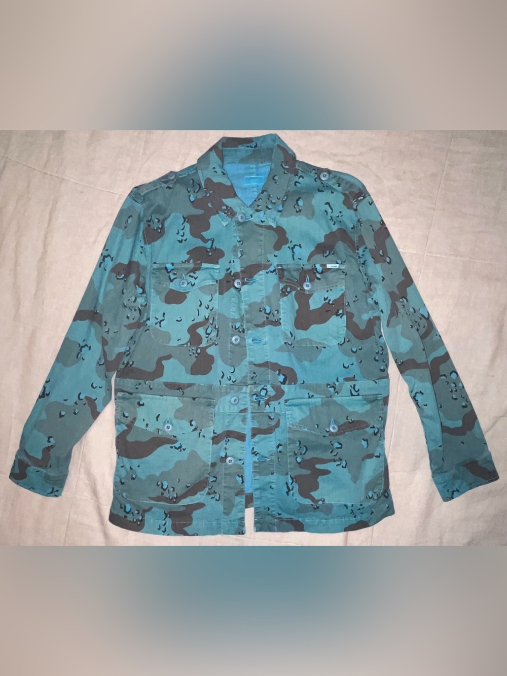 Mother LA streetwear designer blue camo Utility Workman Veteran Button Up Jacket